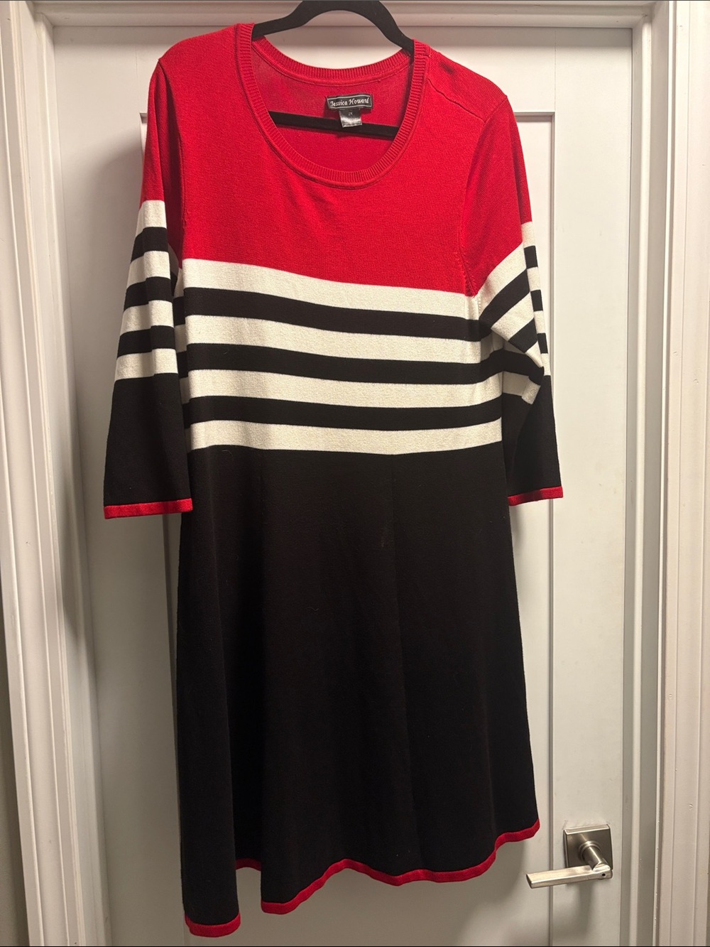 Red, Black & White Striped Knit Midi Dress with Colorblock Panels